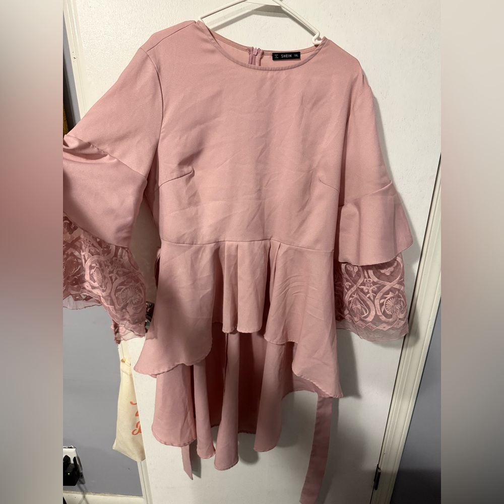 SHEIN Pink Blouse with Lace Bell Sleeves